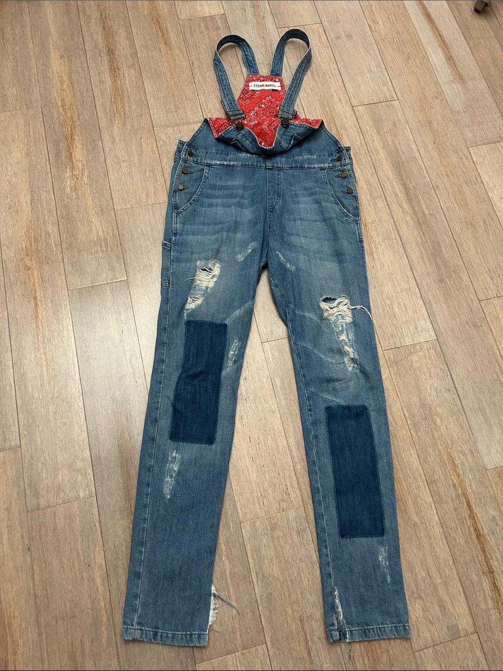 Etienne Marcel Women's Distressed Denim Overalls with Red Bandana lining S